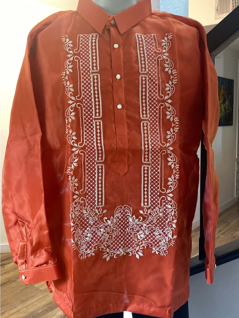 Men's Barong Tagalog Orange Embroidered Formal Shirt